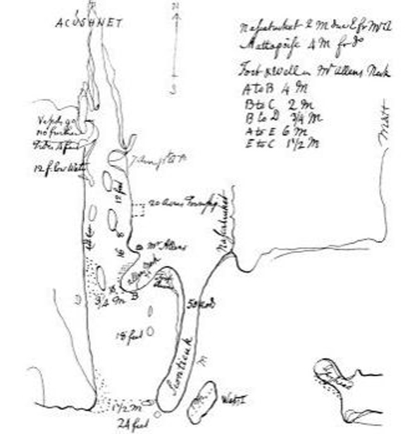 1762 Pencil sketch of hte buzzards bay and New Bedford - fairhaven Harbor - www.WhalingCity.net