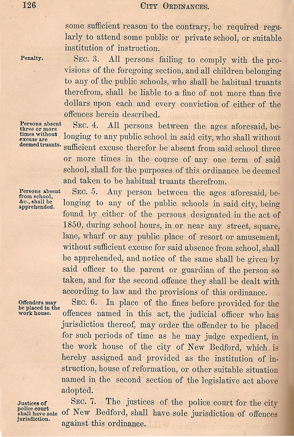 1860 New Bedford, Ma. Truancy ordinances section 2 - www.WhalingCity.net